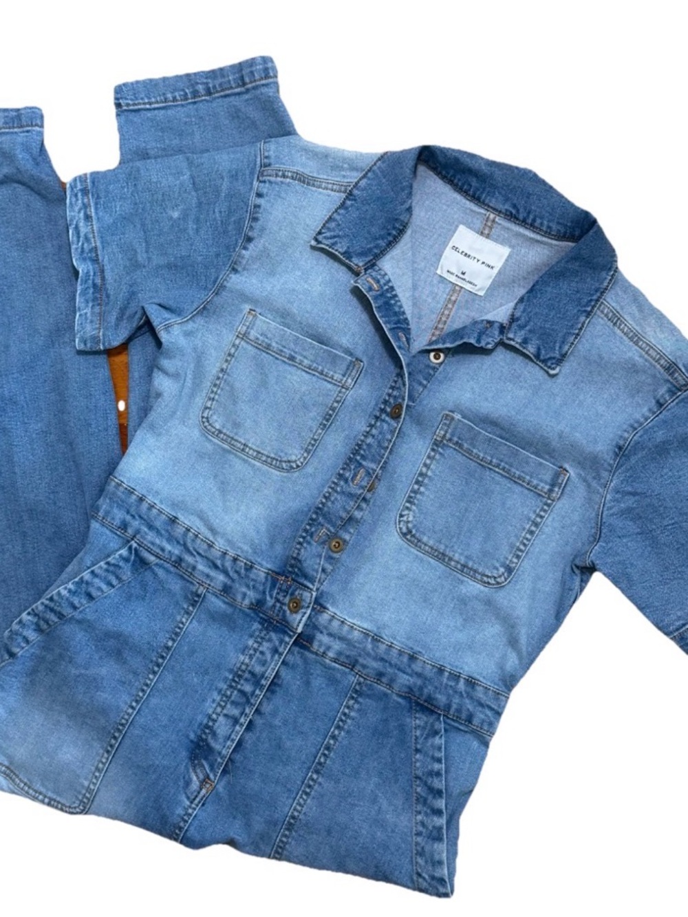 Celebrity Pink Two-Tone Light Blue Denim Jumpsuit